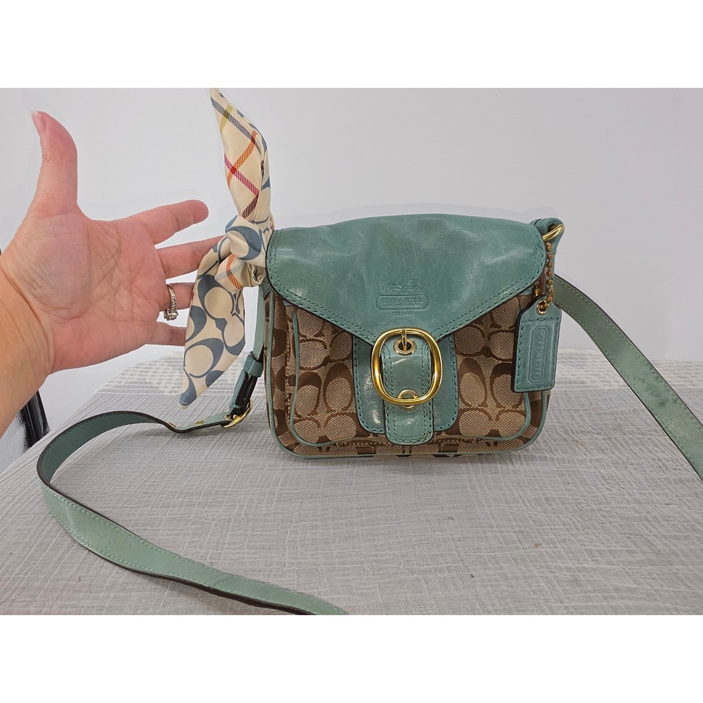 Coach Heritage Stripe Crossbody Bag Brown Teal Signature Canvas 11593 Small